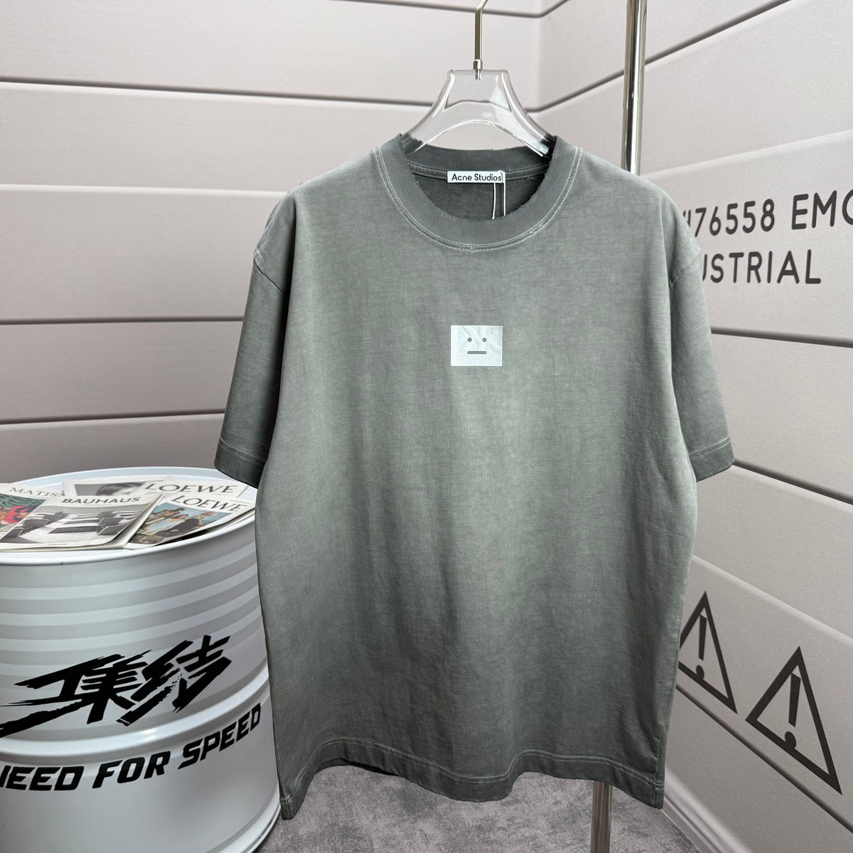 Acne Studios Square Patch‑Detail Distressed‑Trim Crew‑Neck Short‑Sleeve T‑Shirt
