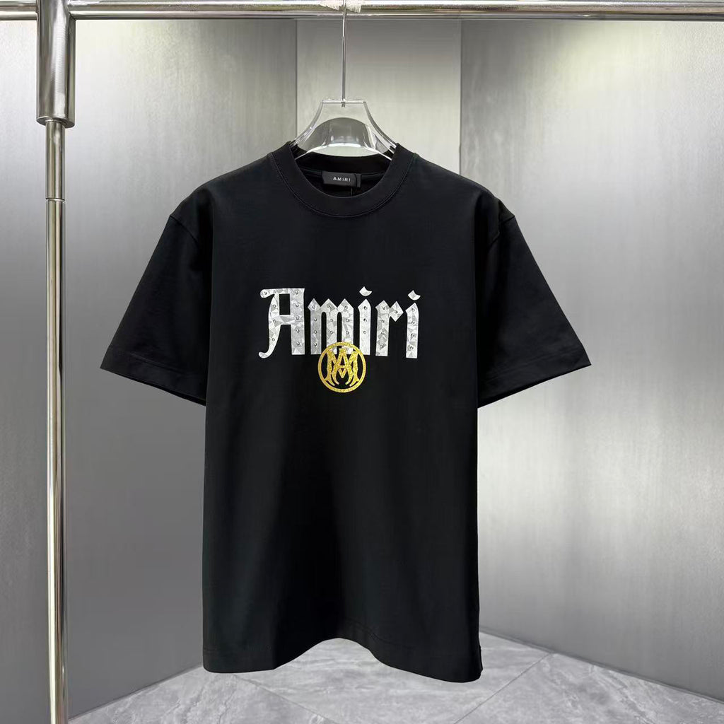 AMIRI Gothic Script With Emblem Crew‑Neck Short‑Sleeve T‑Shirt