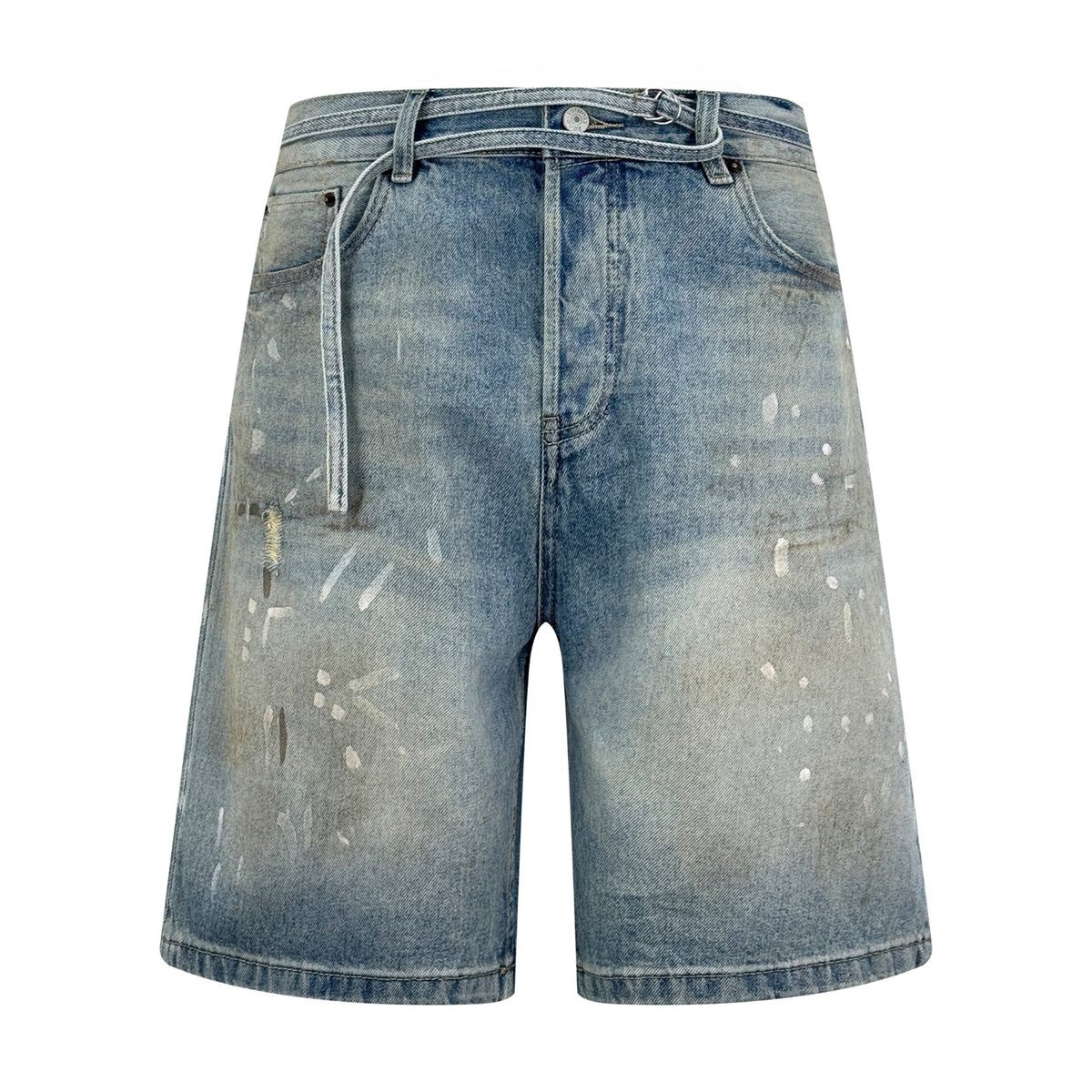 Acne Studios Paint‑Splatters Distressed Wide‑Leg Denim Jort Shorts