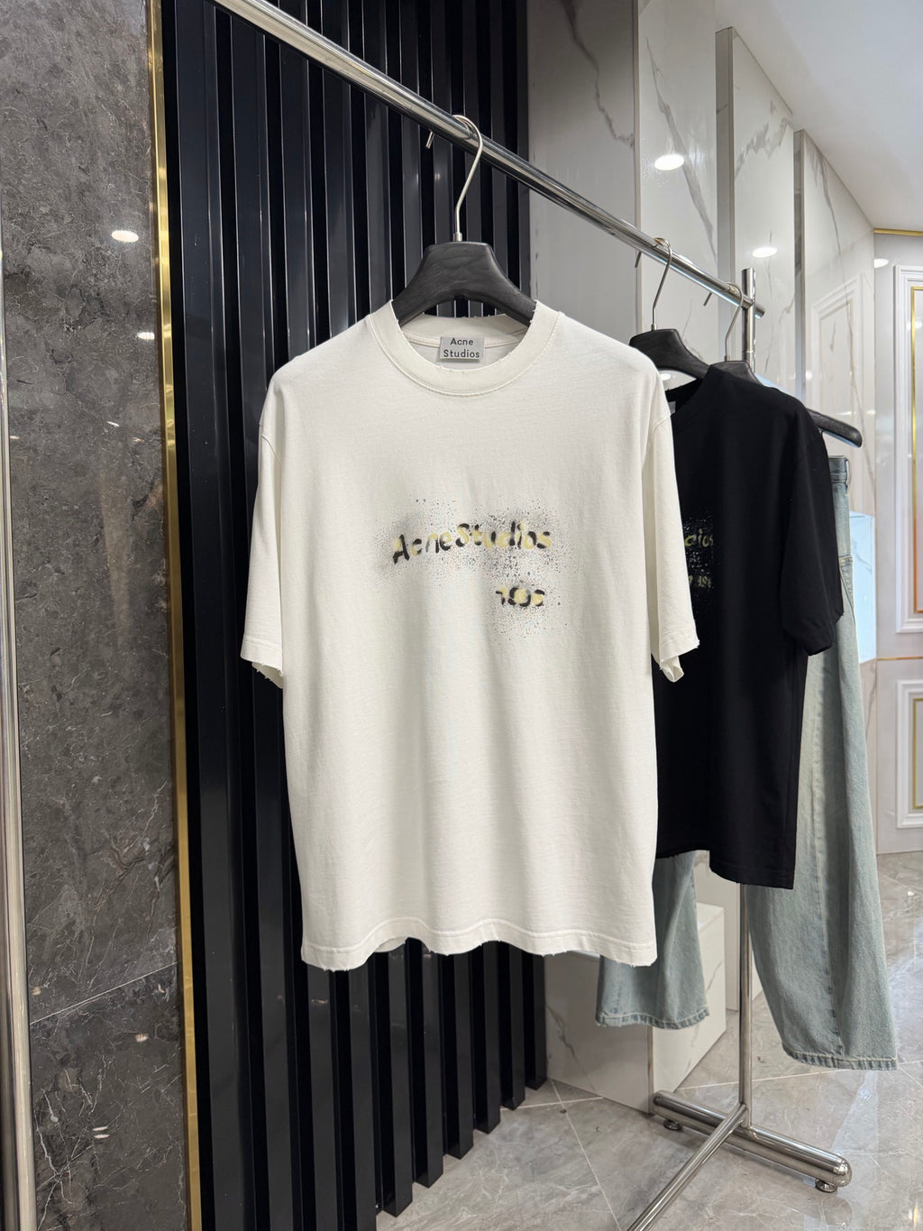Acne Studios Spray‑Effect Brand‑Script Distressed‑Trim Oversized Crew‑Neck T‑Shirt