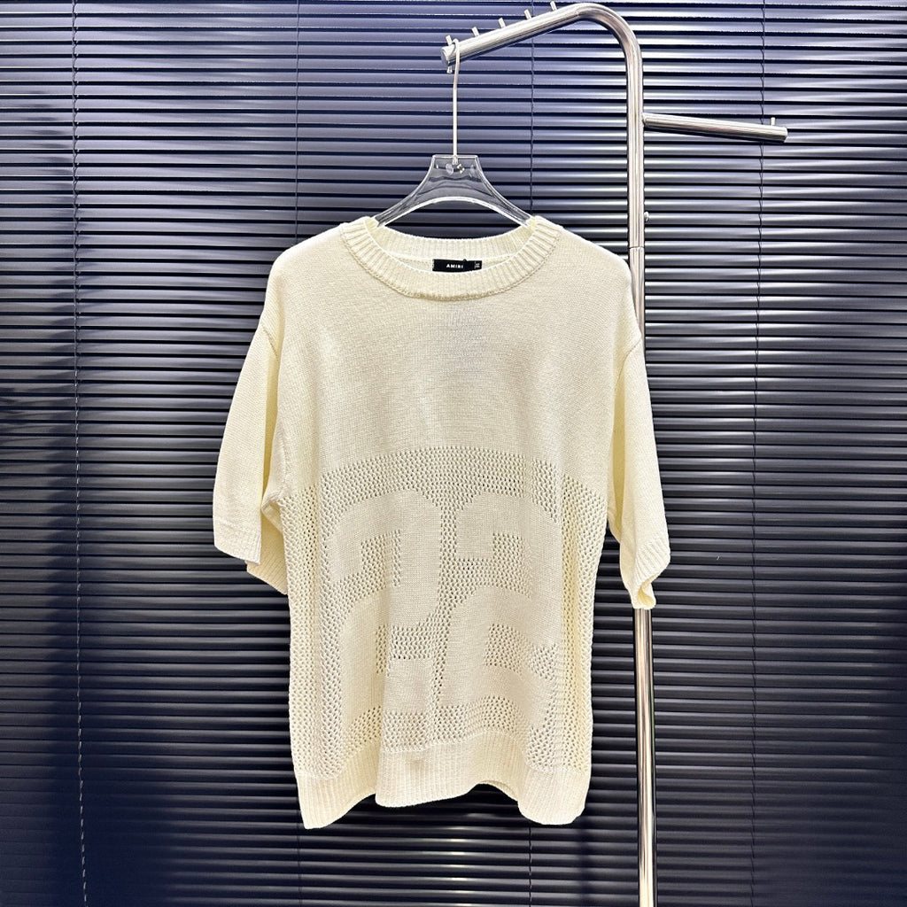 AMIRI Number Motif Mesh Knit Short‑Sleeve Sweater