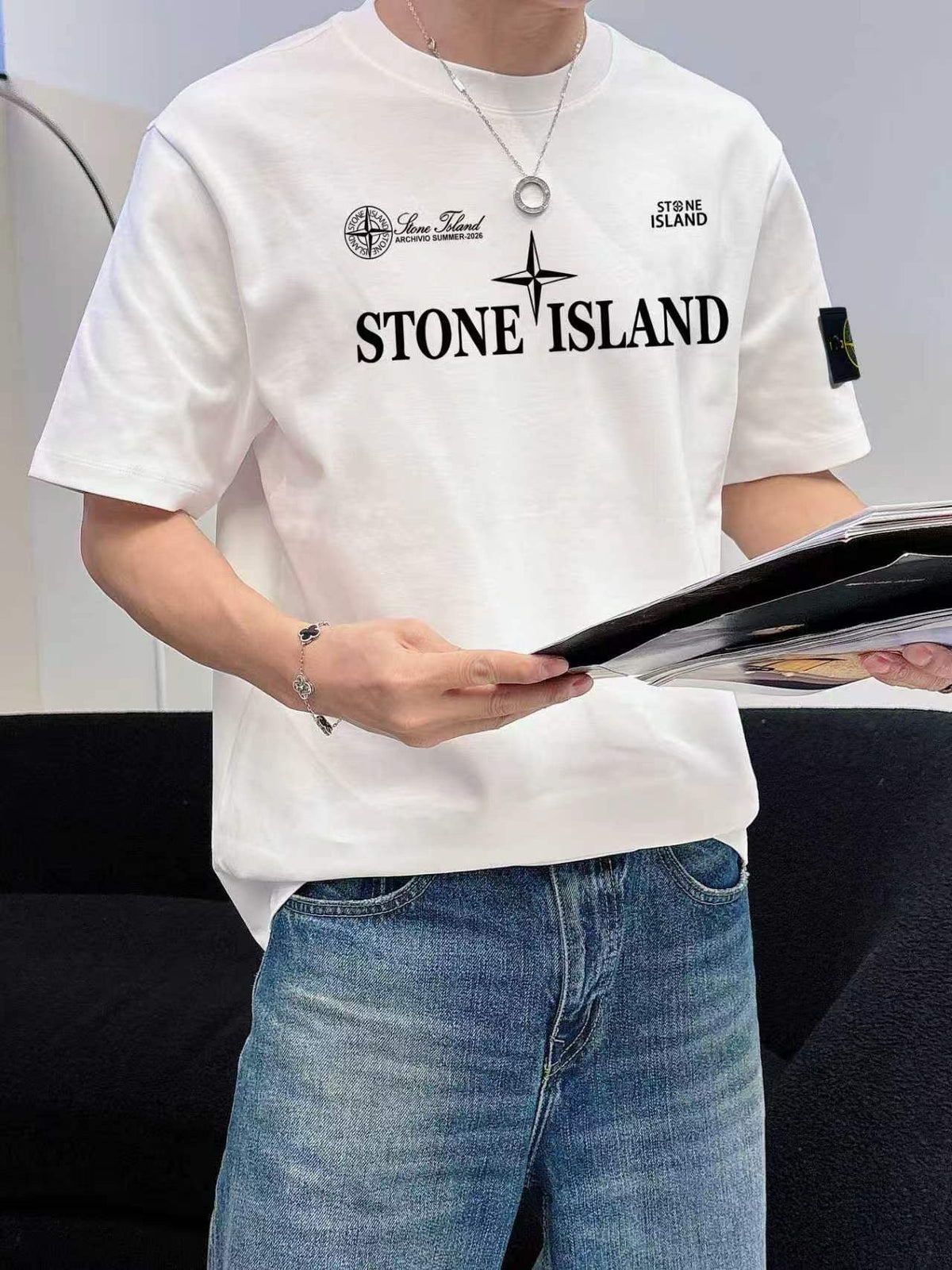 Stone Island Archivio Summer 2025 Four-Point Star Wordmark Print T-Shirt - Gray / White