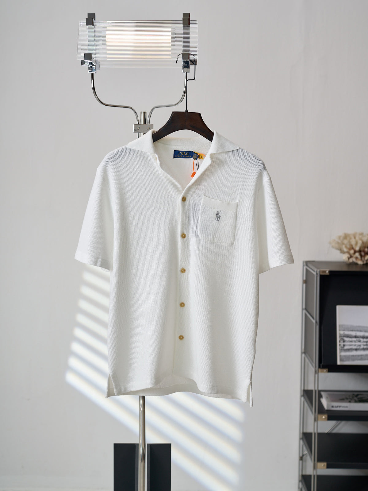 Polo Ralph Lauren Men's Camp‑Collar Button‑Front Waffle‑Knit Short‑Sleeve Shirt, Grey Pony Embroidery