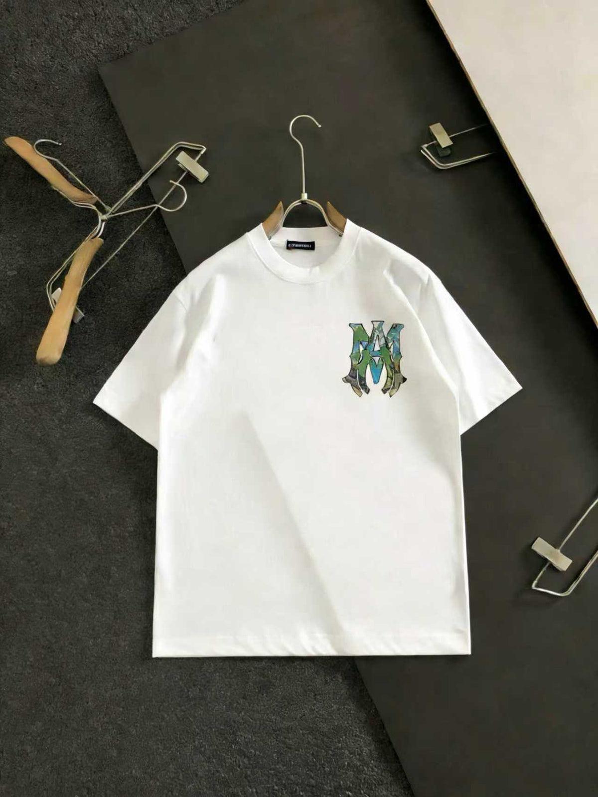 Amiri Camo Monogram Chest Graphic Crew‑Neck Short‑Sleeve T‑Shirt