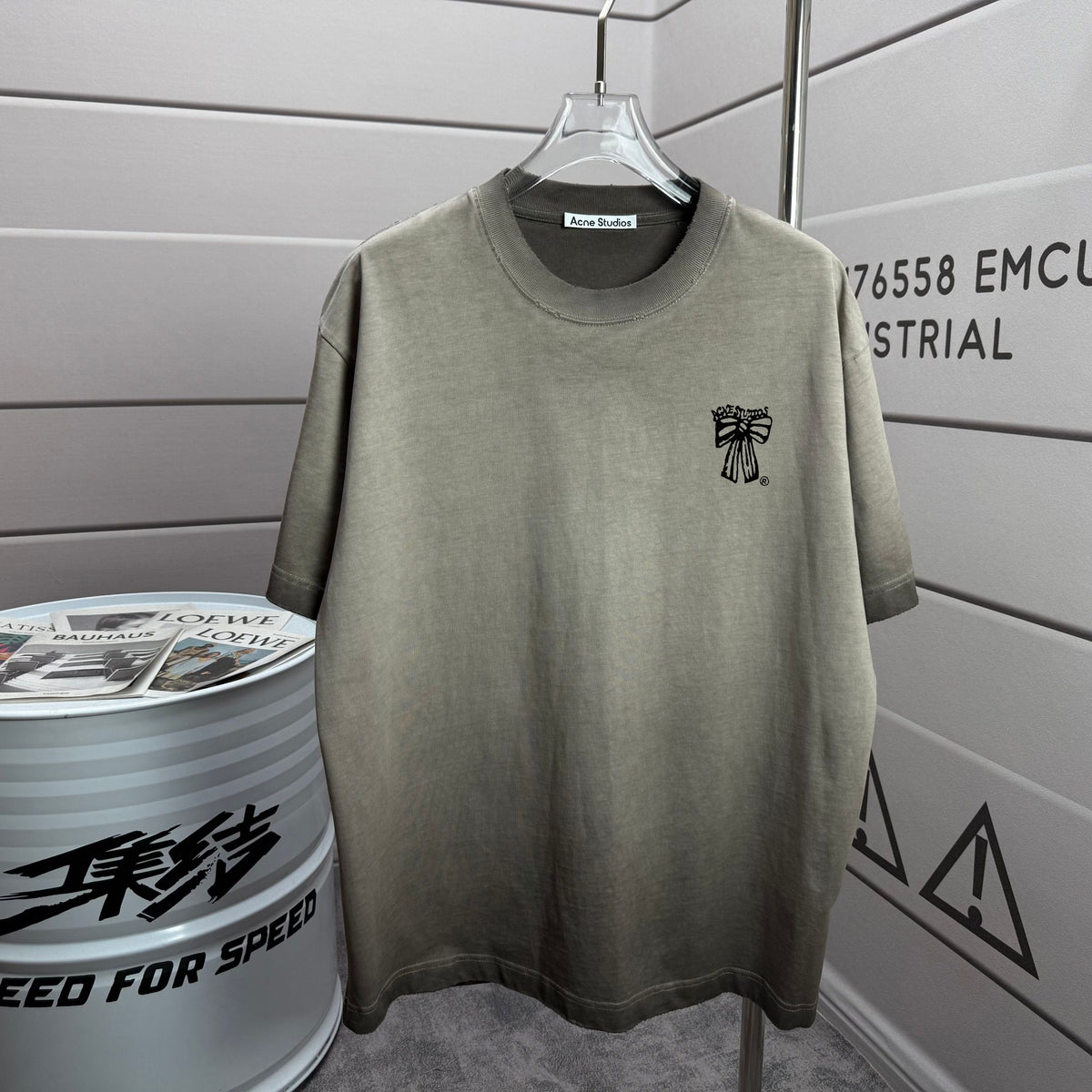 Acne Studios Small Bow‑Graphic Distressed‑Trim Crew‑Neck Short‑Sleeve T‑Shirt