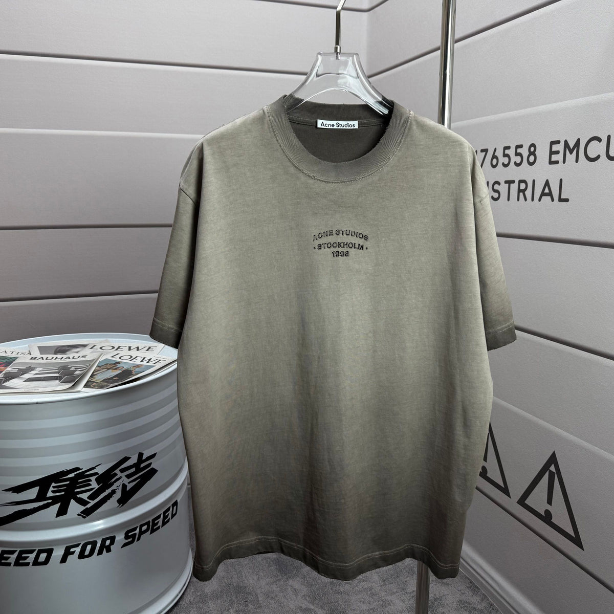 Acne Studios Small Stacked Stockholm‑1996‑Text Distressed‑Trim Crew‑Neck Short‑Sleeve T‑Shirt