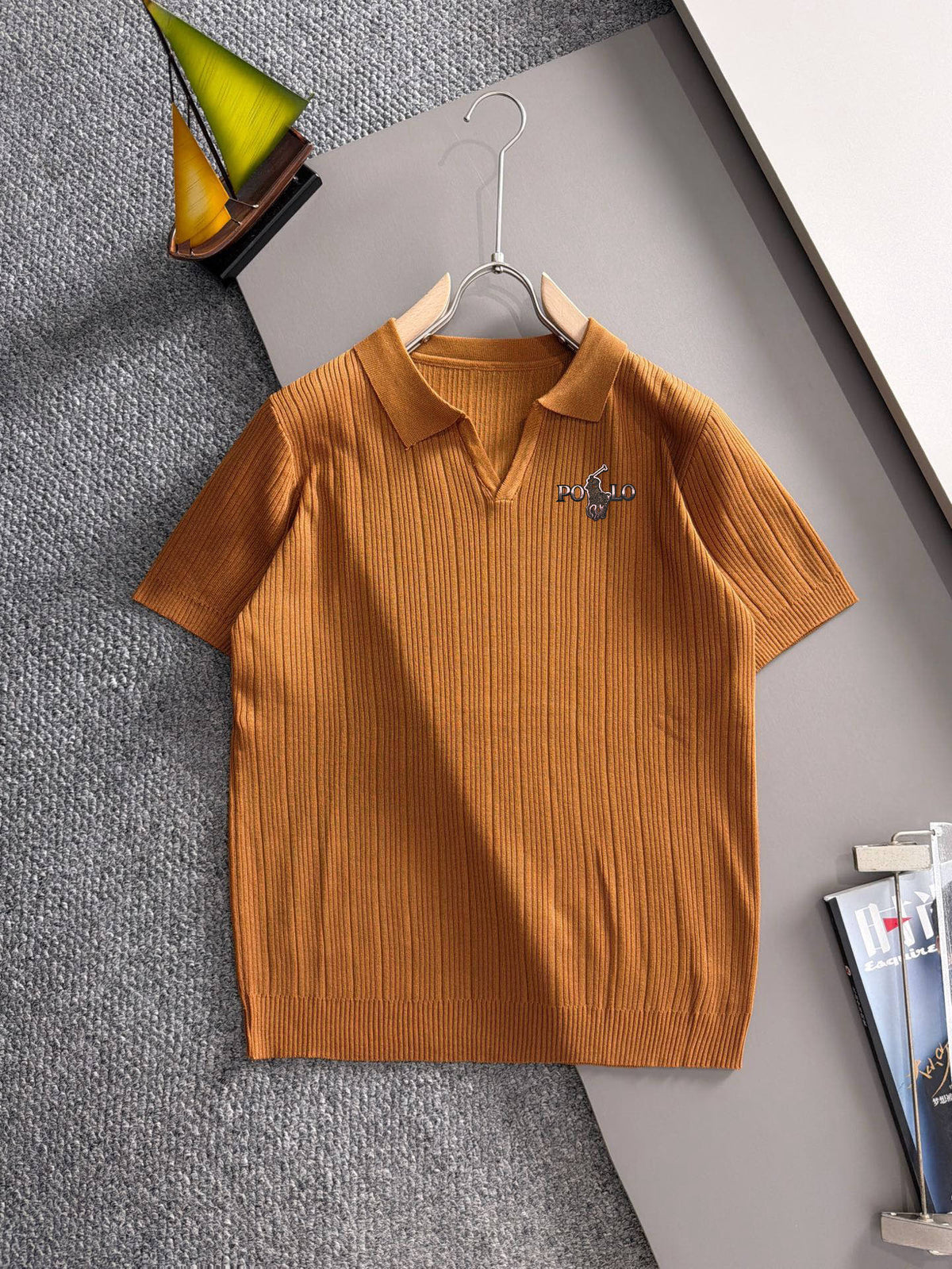 Men's Vertical Ribbed Knit Short‑Sleeve Polo Shirt Open V‑Collar Chest Embroidery Top