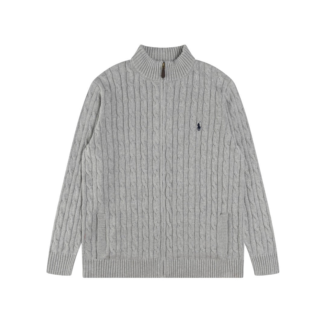 Ralph Lauren Men's Full‑Zip Cable Knit Stand Collar Cardigan Sweater With Navy Pony Logo