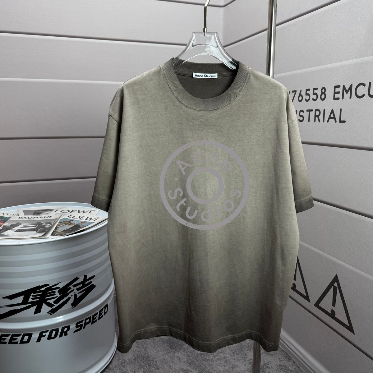 Acne Studios Large Circular Stamp‑Print Distressed‑Trim Crew‑Neck Short‑Sleeve T‑Shirt