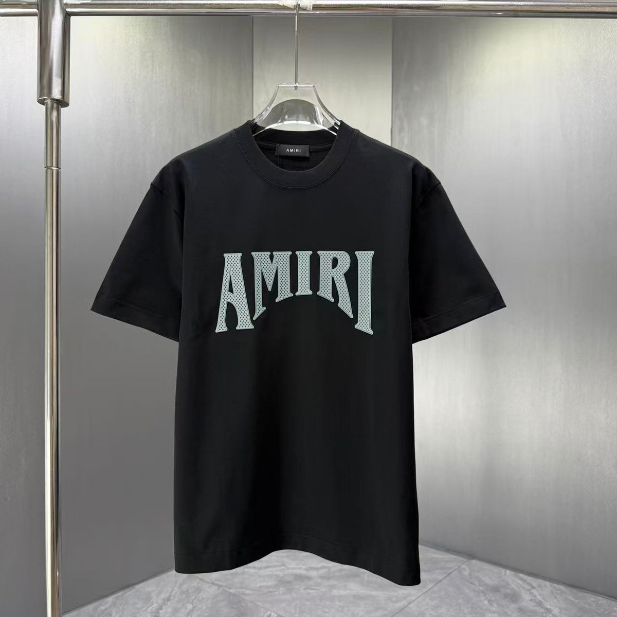 AMIRI Perforated Collegiate Logo Crew‑Neck Short‑Sleeve T‑Shirt