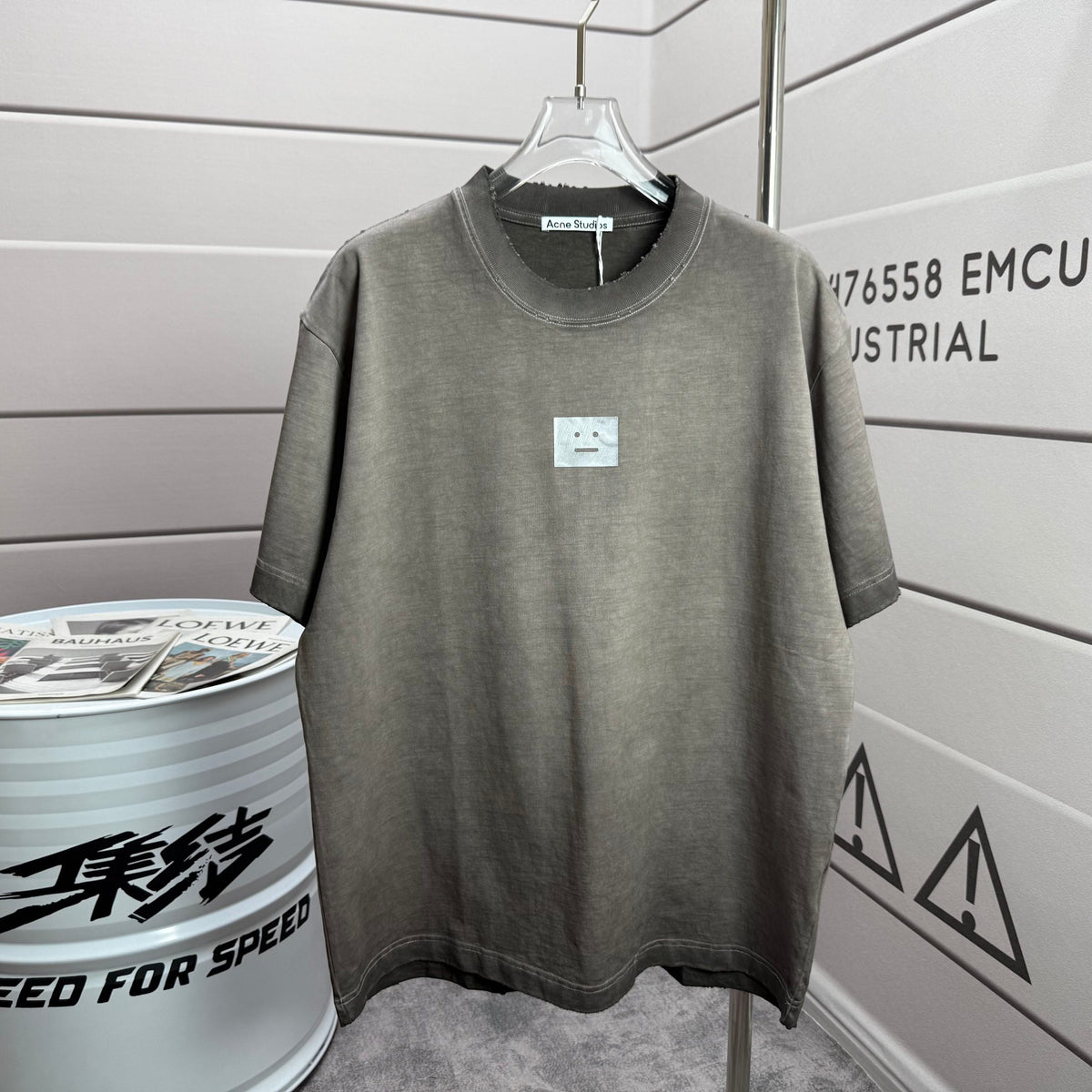 Acne Studios Square Patch‑Detail Distressed‑Trim Crew‑Neck Short‑Sleeve T‑Shirt