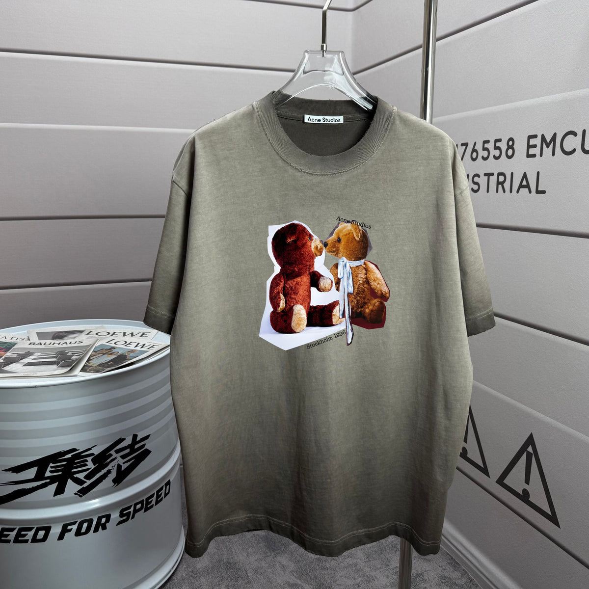 Acne Studios Two‑Teddy‑Bear Graphic Distressed‑Trim Crew‑Neck Short‑Sleeve T‑Shirt