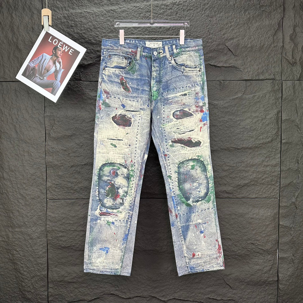 Acne Studios Distressed Paint‑Splatter Patchwork Straight‑Leg Jeans