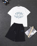 AMIRI LA Arts District Vintage Text Short‑Sleeve Tee & Drawstring Shorts Set