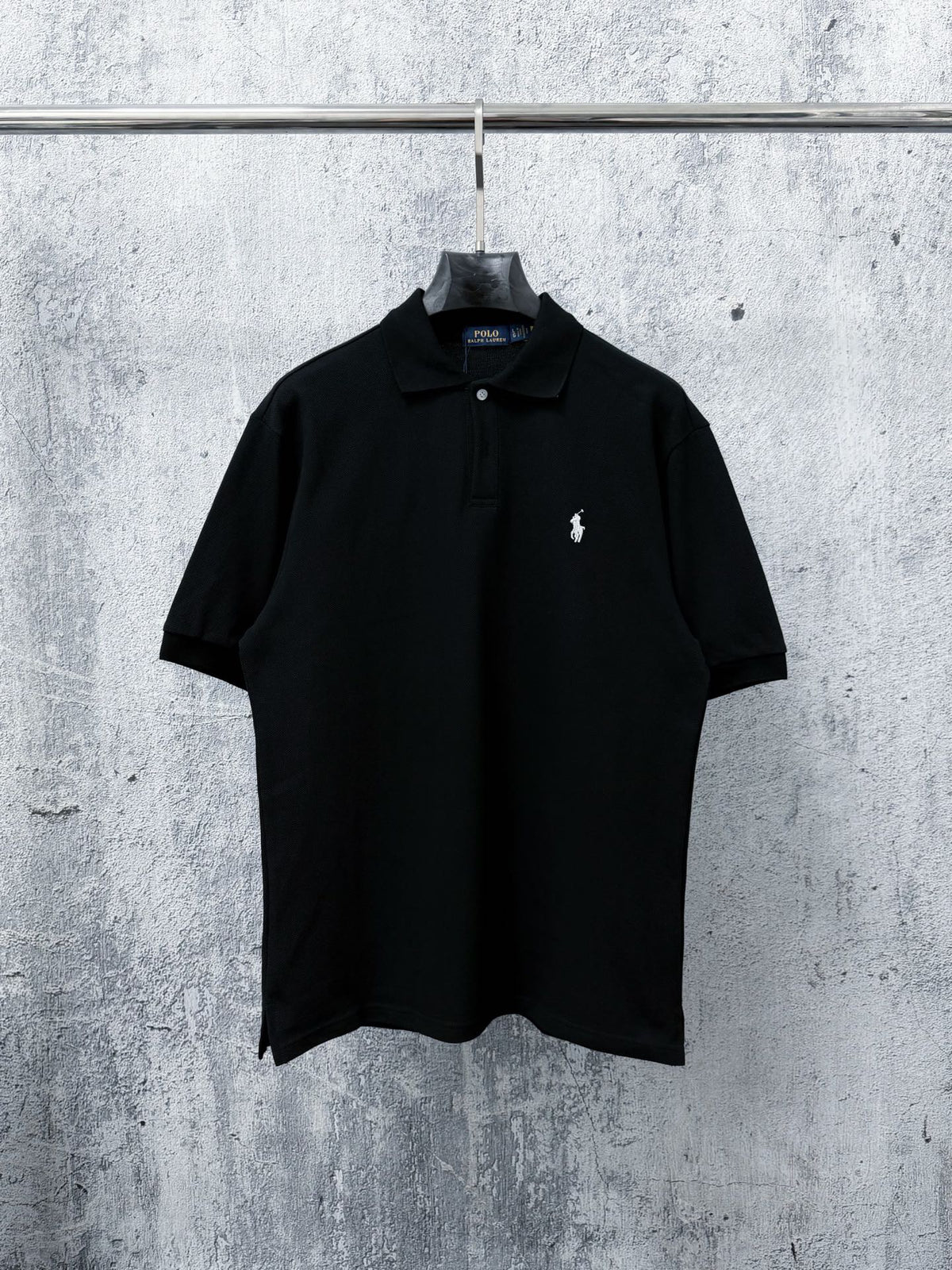 Men's Pique Knit Short‑Sleeve Polo Shirt Small Horse Embroidery Solid Black Casual Top