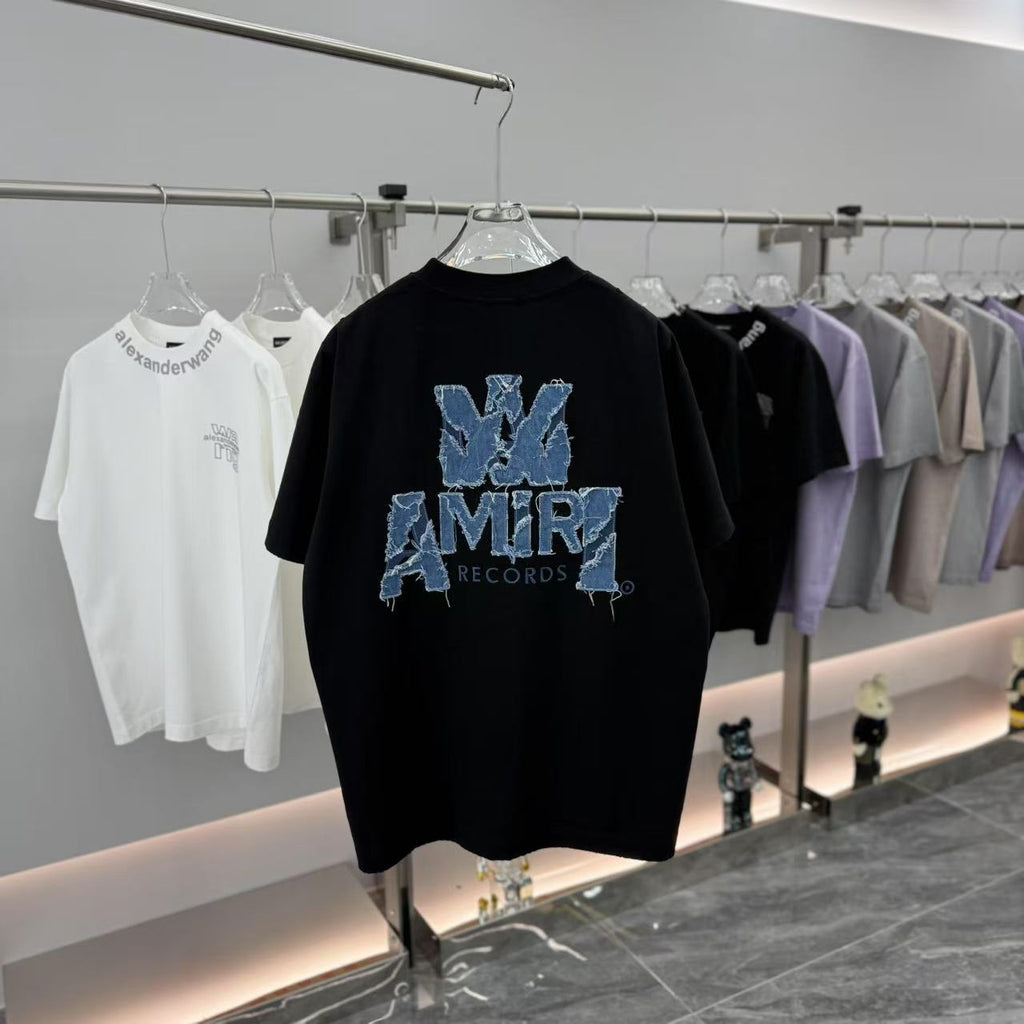 AMIRI Records Denim Patch Applique Back Graphic Crew Neck Short‑Sleeve T‑Shirt
