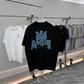 AMIRI Records Denim Patch Applique Back Graphic Crew Neck Short‑Sleeve T‑Shirt