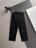 Men's Black Wide‑Leg Cargo Pants, Multi Pockets Rider Embroidery Casual Trousers