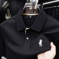 Men's Pique Knit Short‑Sleeve Polo Shirt, Horse Embroidery Solid Black Casual Top