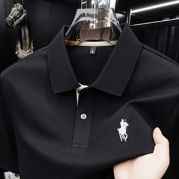 Men's Pique Knit Short‑Sleeve Polo Shirt, Horse Embroidery Solid Black Casual Top