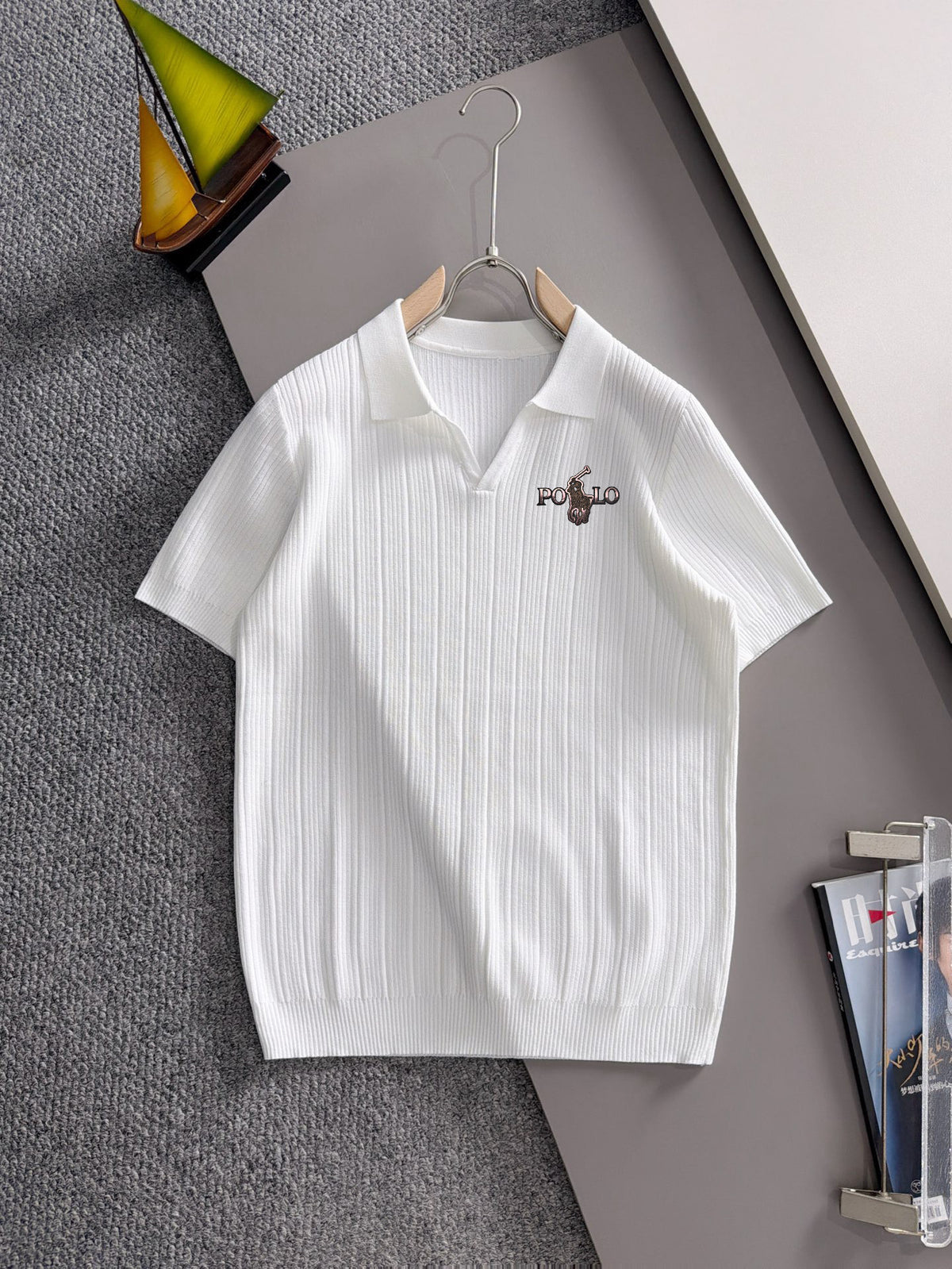 Men's Vertical Ribbed Knit Short‑Sleeve Polo Shirt Open V‑Collar Chest Embroidery Top