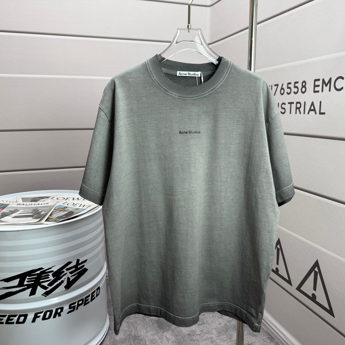 Acne Studios Minimal Centered Chest‑Text Distressed‑Trim Crew‑Neck Short‑Sleeve T‑Shirt