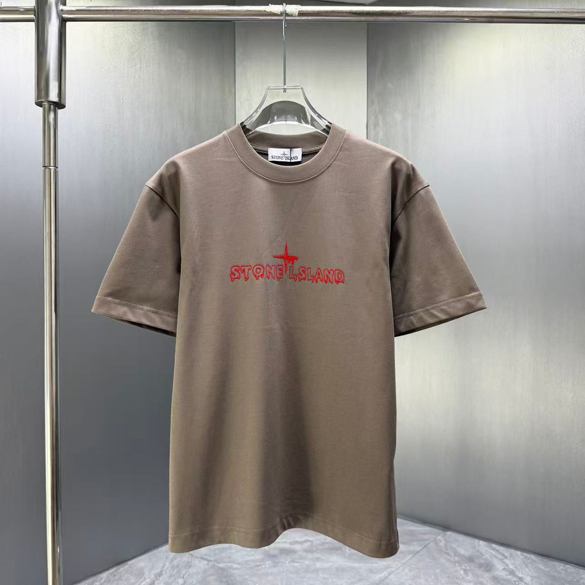 Stone Island Spring–Summer 2026 T-Shirt — Flock-Print Bubble Letter Logo, Compass Star Centre Chest