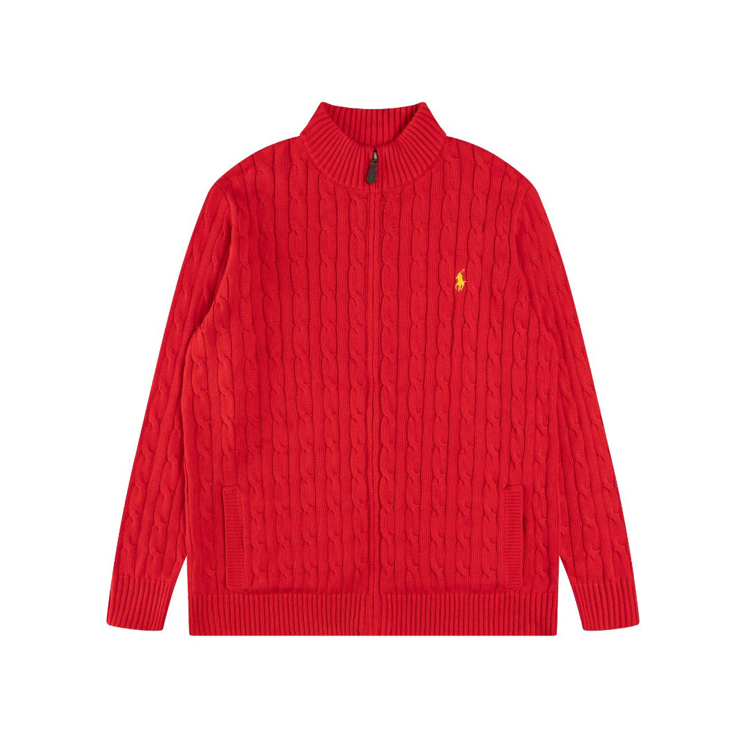 Ralph Lauren Men's Full‑Zip Cable Knit Stand Collar Cardigan Sweater With Navy Pony Logo