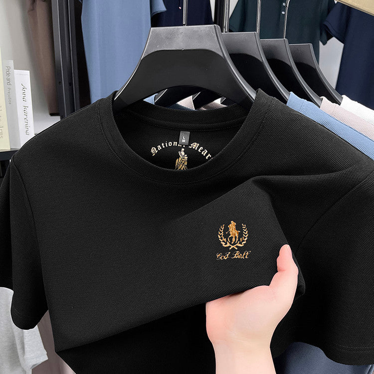 Men's Crew Neck Pique T‑Shirt, Golden Wreath Horse Embroidery Short‑Sleeve Casual Top