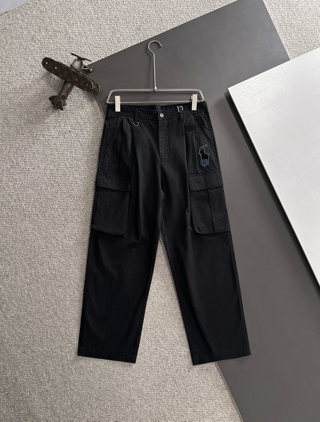 Men's Black Wide‑Leg Cargo Pants, Multi Pockets Rider Embroidery Casual Trousers