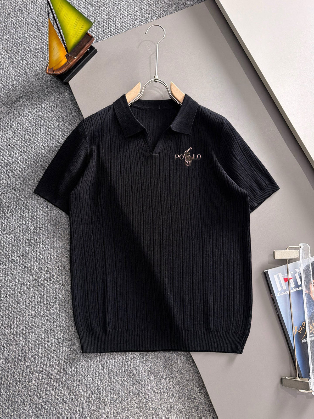 Men's Vertical Ribbed Knit Short‑Sleeve Polo Shirt Open V‑Collar Chest Embroidery Top