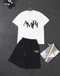 Amiri Overlapped Logo Short‑Sleeve T‑Shirt & Drawstring Shorts Two‑Piece Set