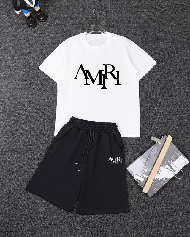 Amiri Overlapped Logo Short‑Sleeve T‑Shirt & Drawstring Shorts Two‑Piece Set