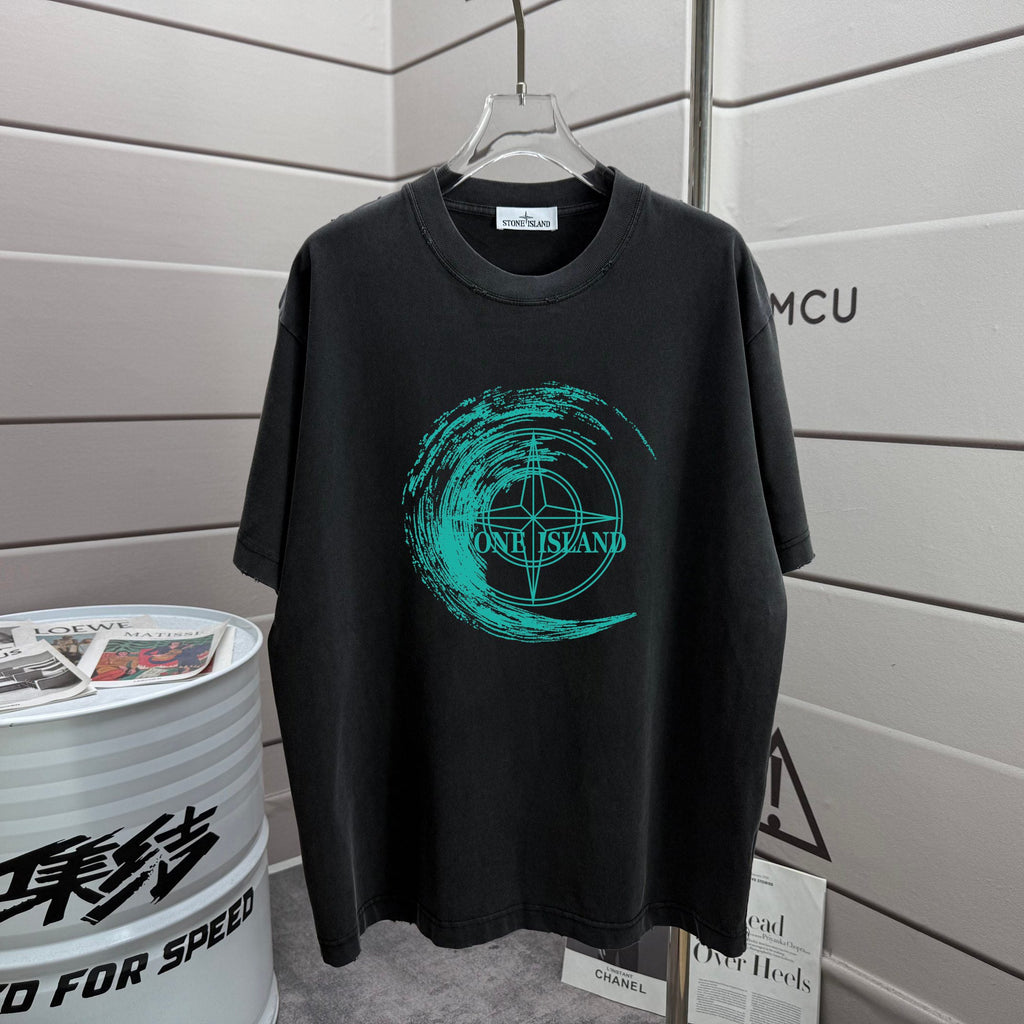 Stone Island Spring–Summer 2026 T-Shirt — 320gsm Washed Distressed Cotton, Teal Swirl Brushstroke Compass Rose Print