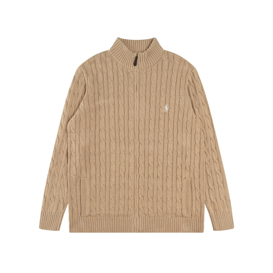 Ralph Lauren Men's Full‑Zip Cable Knit Stand Collar Cardigan Sweater With Navy Pony Logo
