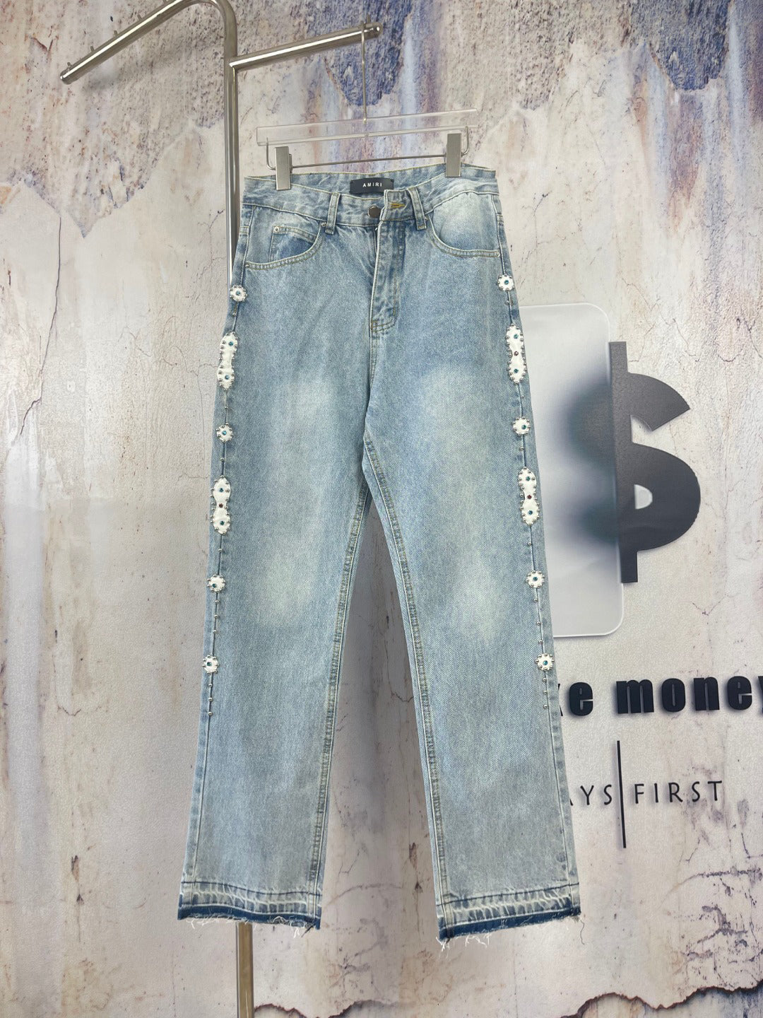 AMIRI Ornamental Stud Embellished Light‑Wash Flared Denim Jeans