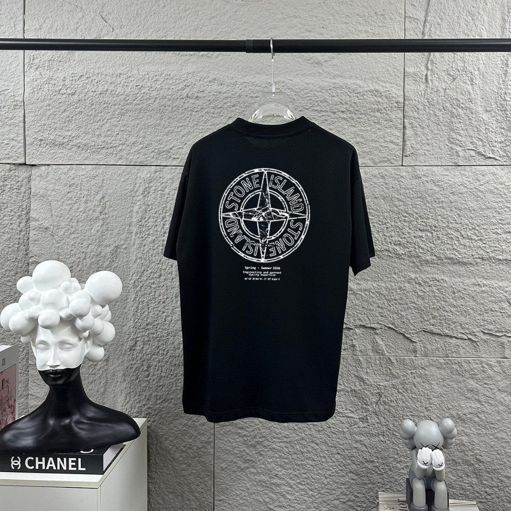Stone Island Spring–Summer 2026 Distressed Compass Rose Heat-Transfer Print T-Shirt - Front Text Stack, Oversized Back Badge