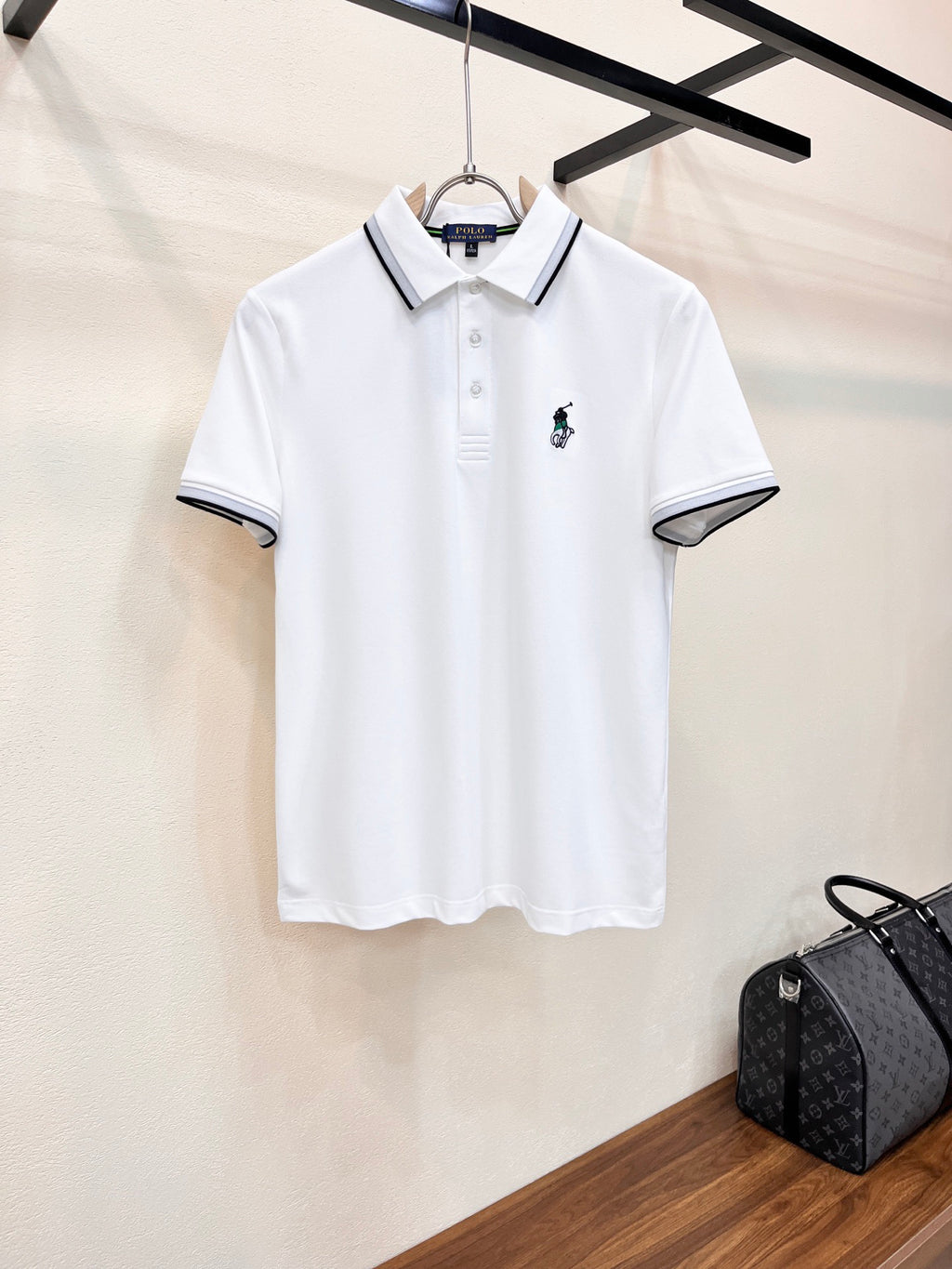 Men's Short‑Sleeve Polo Shirt with Striped Collar & Pony Embroidery