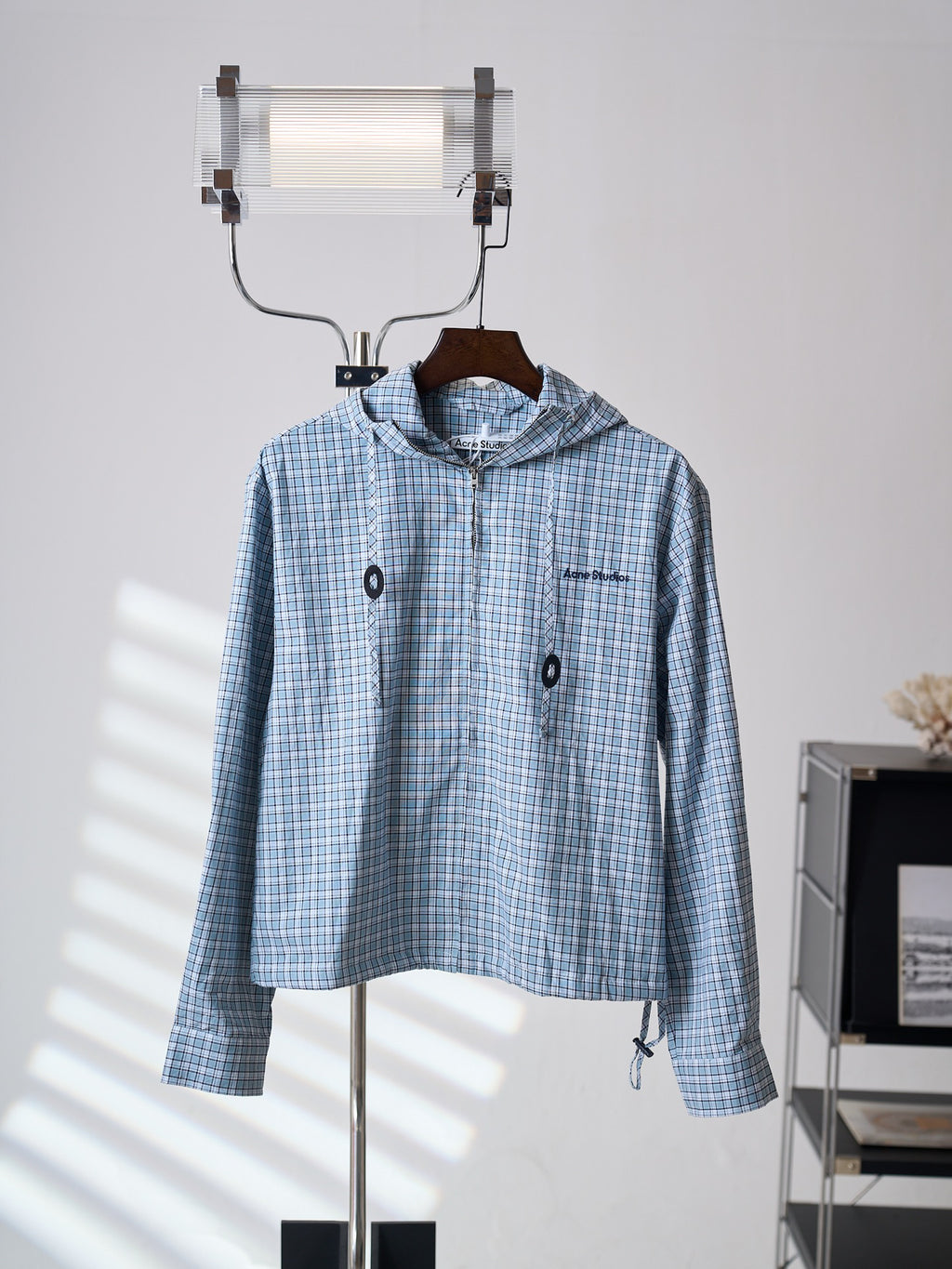 Acne Studios Blue Gingham Zip‑Up Hooded Jacket