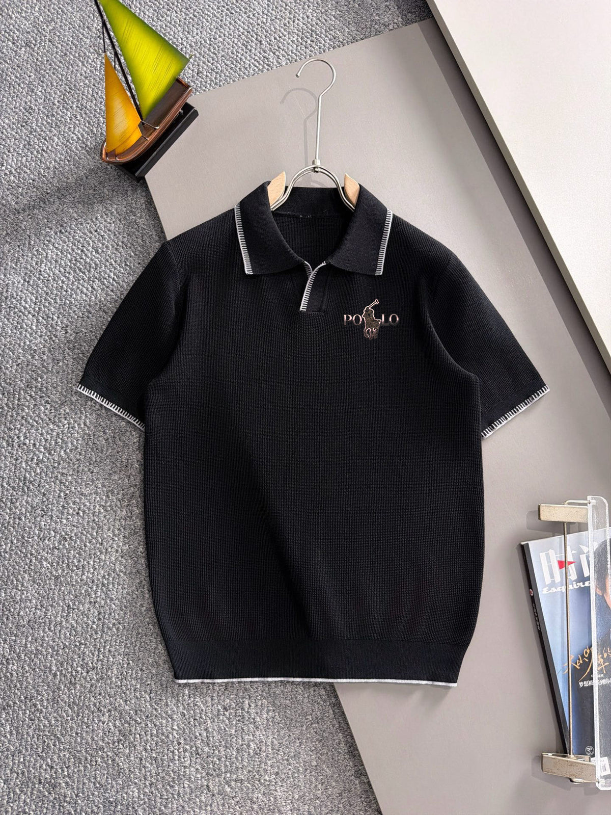Men's Knit Short‑Sleeve Polo Shirt Contrast Trim Collar Embroidery Top