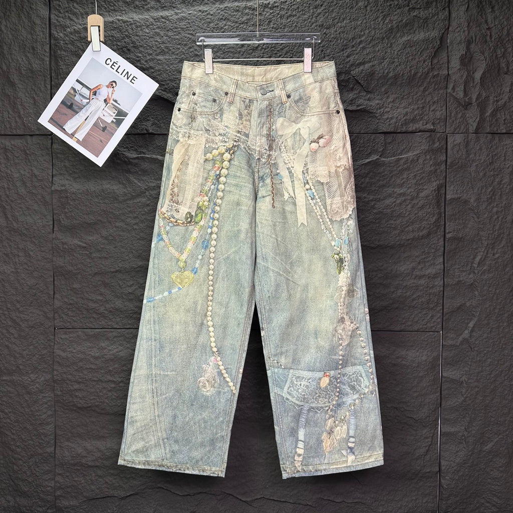 Acne Studios Vintage Pearl‑Lace Print Wide‑Leg Jeans