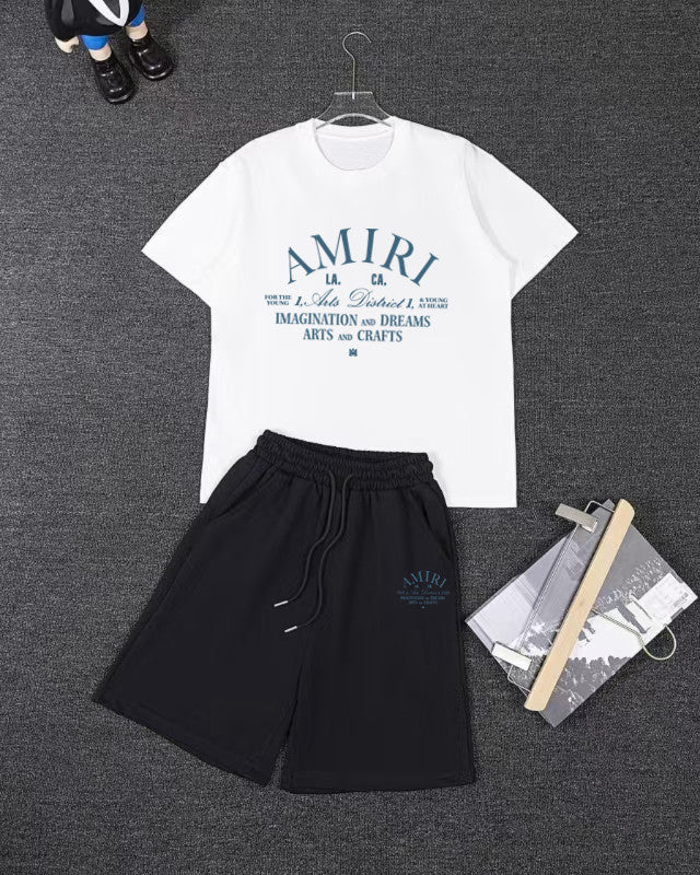 AMIRI LA Arts District Vintage Text Short‑Sleeve Tee & Drawstring Shorts Set