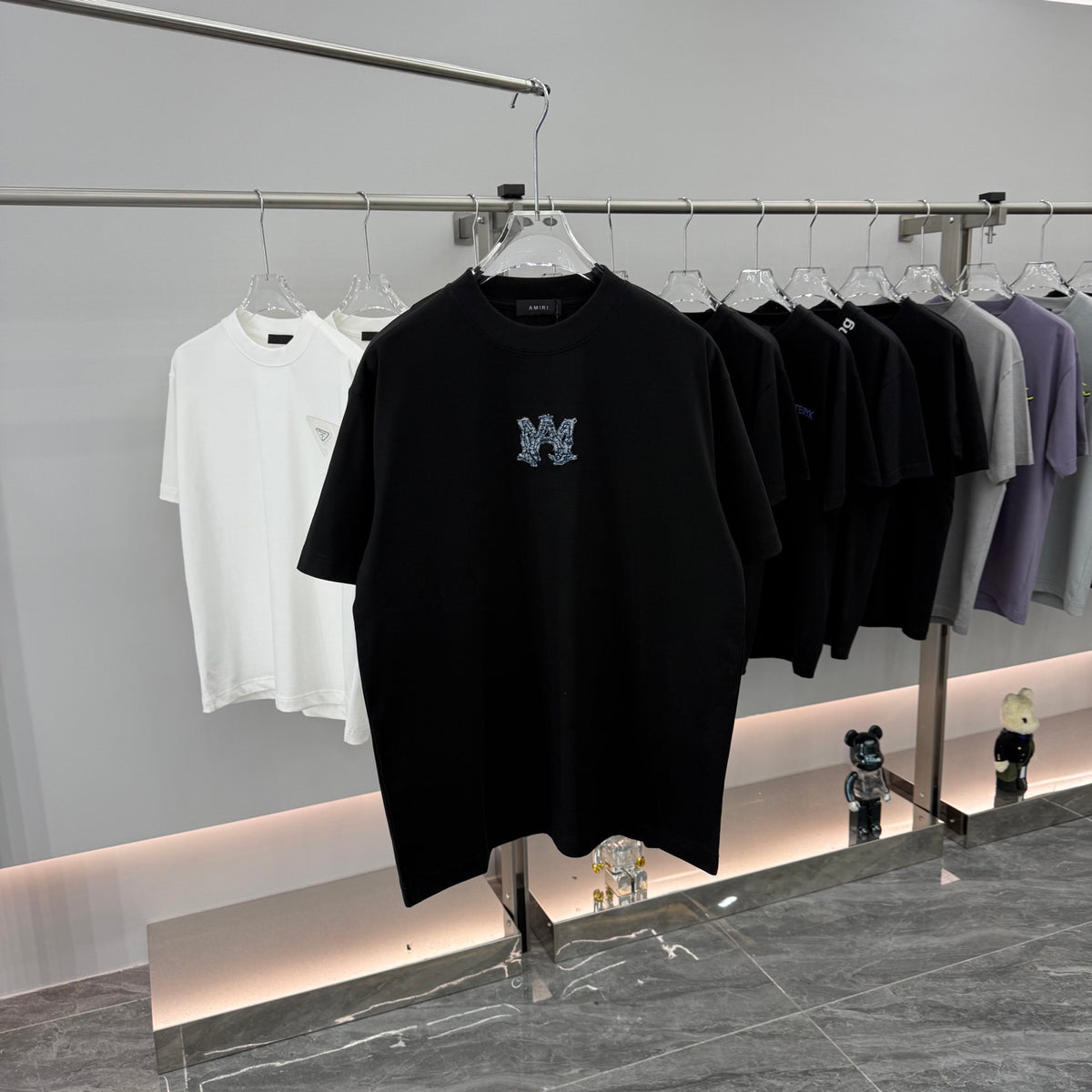AMIRI Rhinestone Monogram Chest Logo Crew Neck Short‑Sleeve T‑Shirt