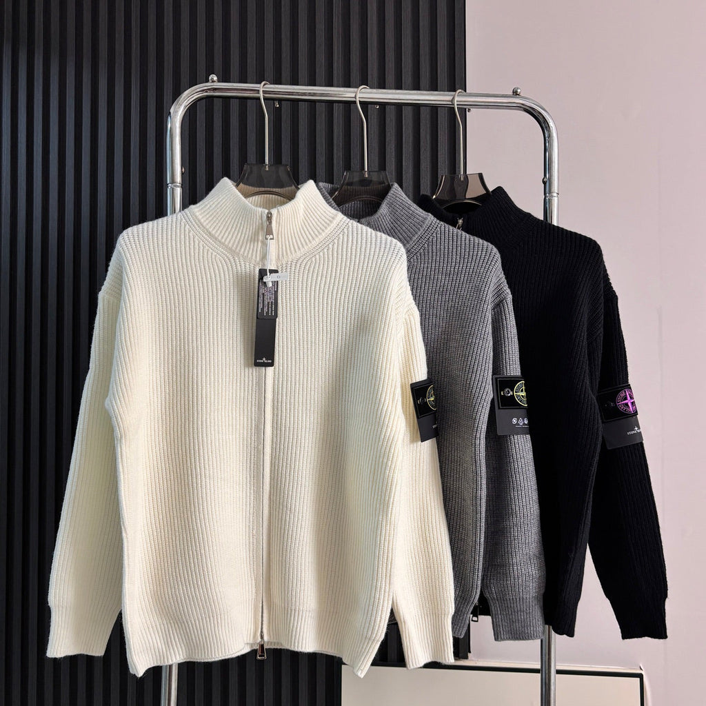 Stone Island Chunky-Rib Full-Zip Knit Cardigan with Compass Badge
