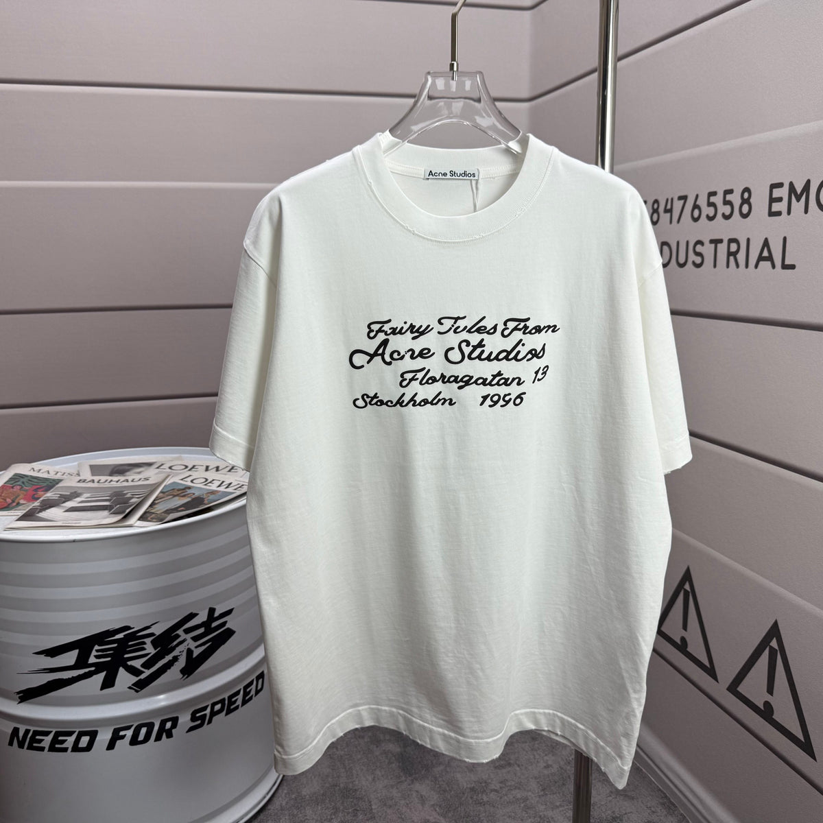 Acne Studios Fairy‑Tales Cursive‑Text Distressed‑Trim Crew‑Neck Short‑Sleeve T‑Shirt