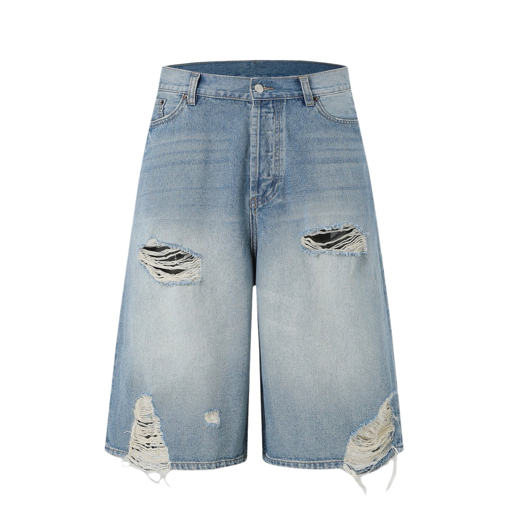 Acne Studios Heavy‑Ripped Distressed Washed Denim Wide‑Leg Jort Shorts