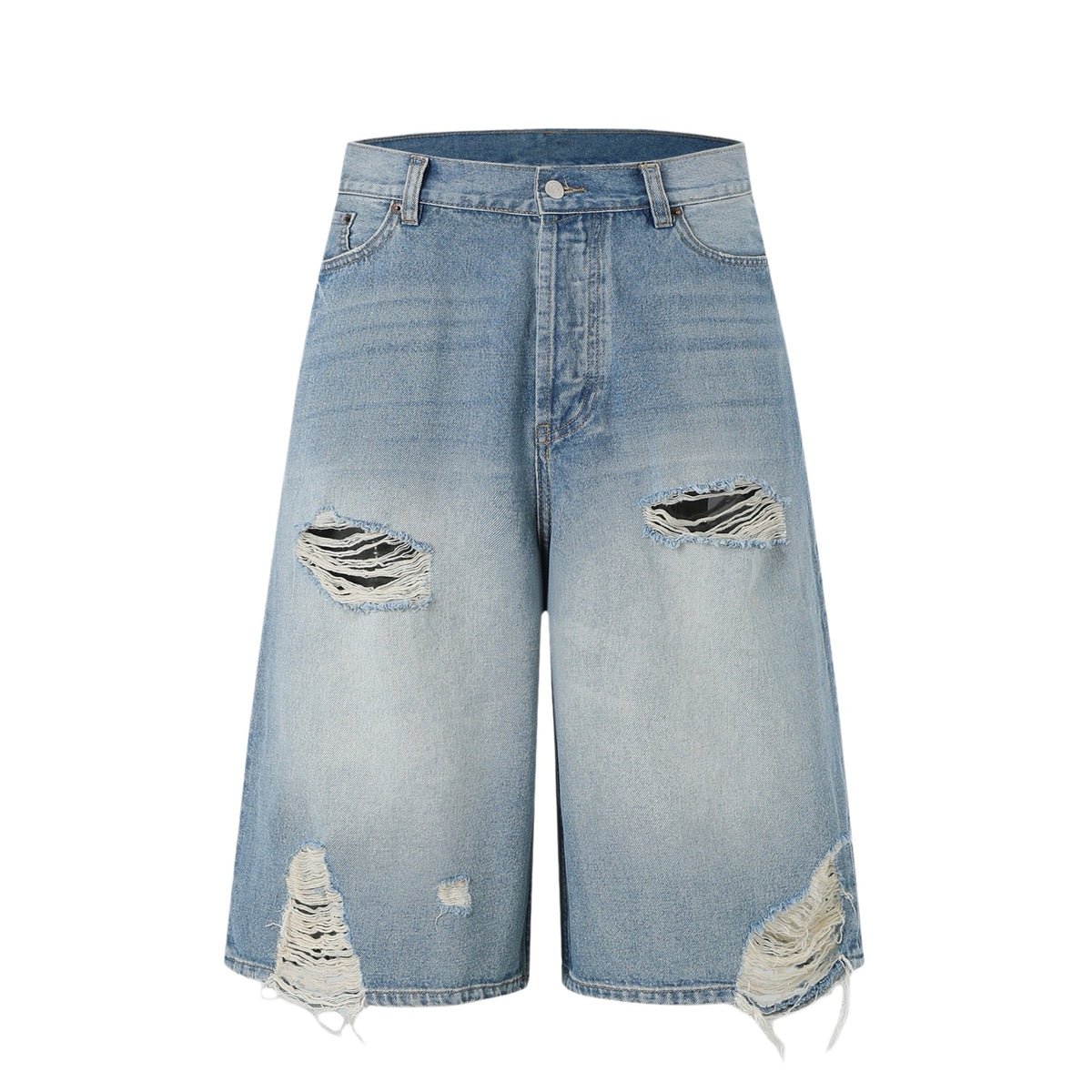 Acne Studios Heavy‑Ripped Distressed Washed Denim Wide‑Leg Jort Shorts