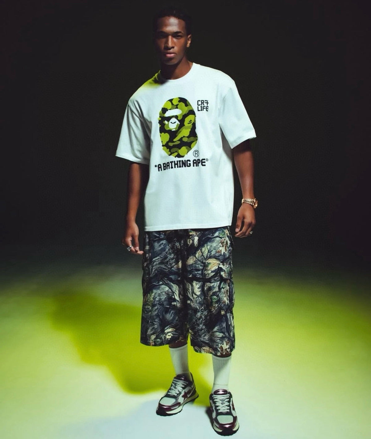 BAPE × CR7 LIFE FW25 Halftone Green Camo Ape Head Oversized Heavyweight Unisex T-Shirt