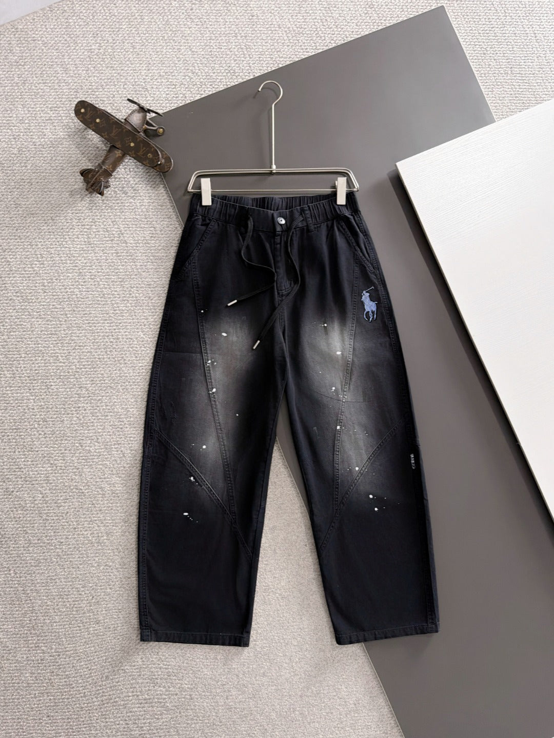 Men's Splatter Paint Wide‑Leg Casual Pants, Elastic Drawstring Waist Rider Embroidery Trousers