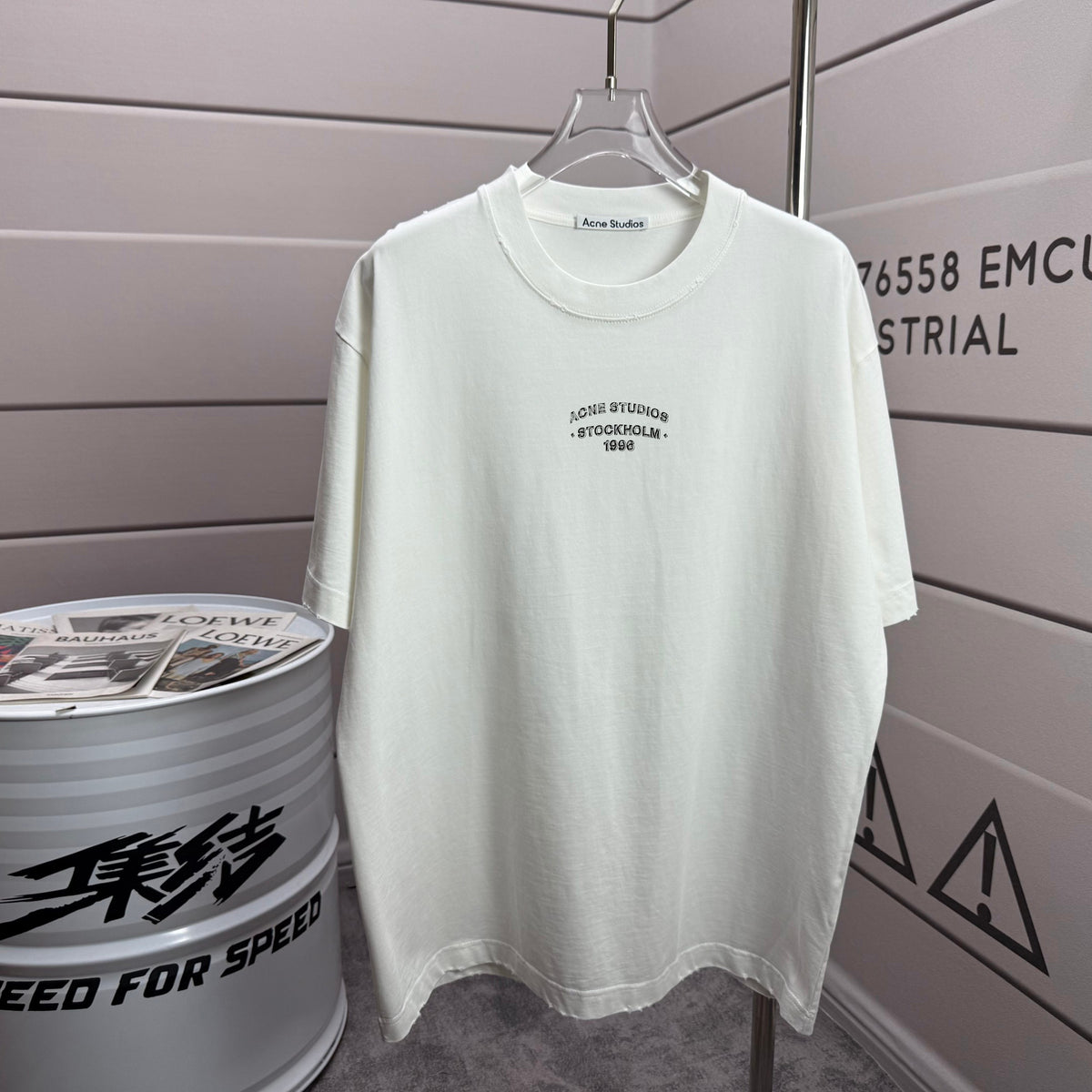 Acne Studios Small Stacked Stockholm‑1996‑Text Distressed‑Trim Crew‑Neck Short‑Sleeve T‑Shirt